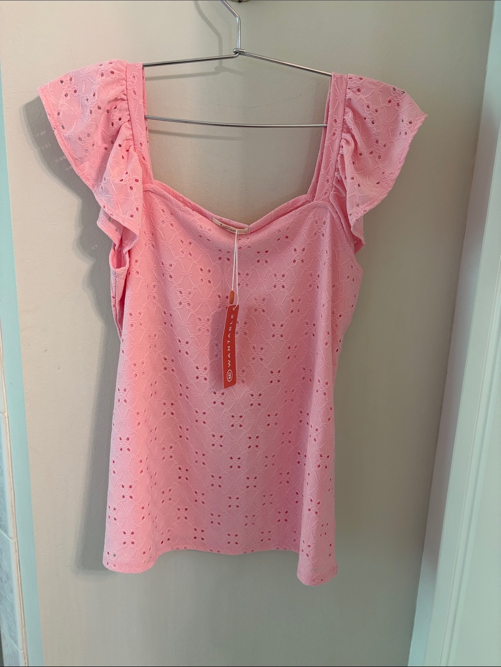 Women's Pink Eyelet Square-Neck Tank with Flutter Sleeves